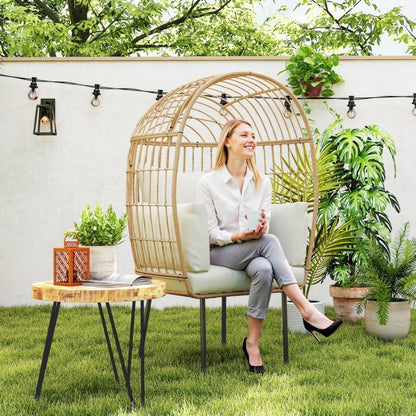 Rattansessel Ei-Förmig mit abnehmbarem Kissen, Gartenstühle für Garten Balkon, Veranda, Terrasse, Beige
