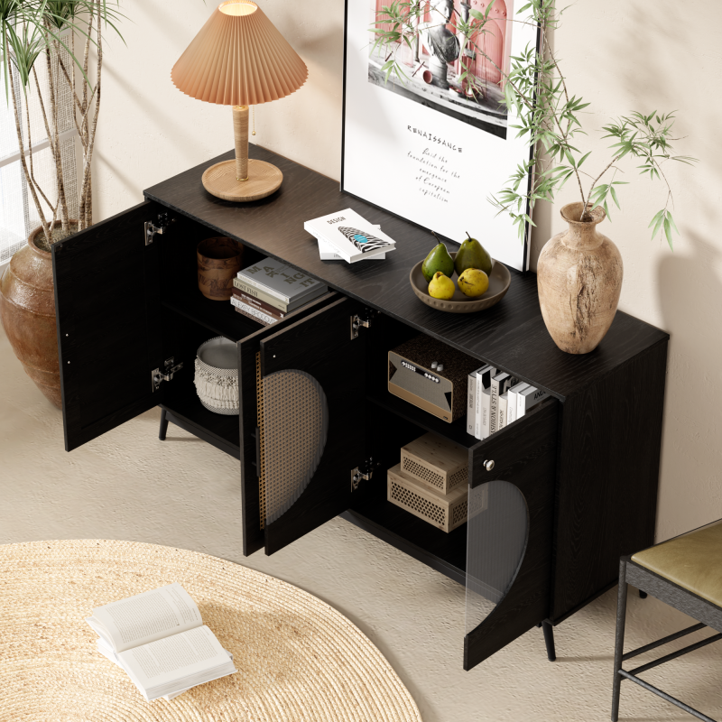 Sideboard mit Glastüren aus Rattan, halbrunde Tür, hochwertige Aufbewahrungsmöbel