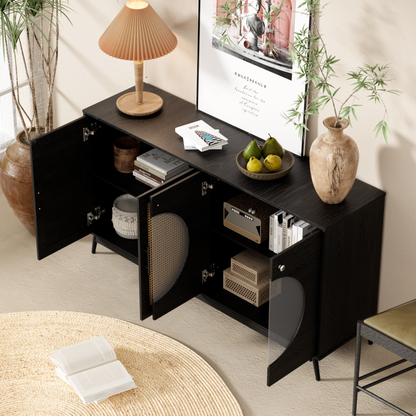 Sideboard mit Glastüren aus Rattan, halbrunde Tür, hochwertige Aufbewahrungsmöbel