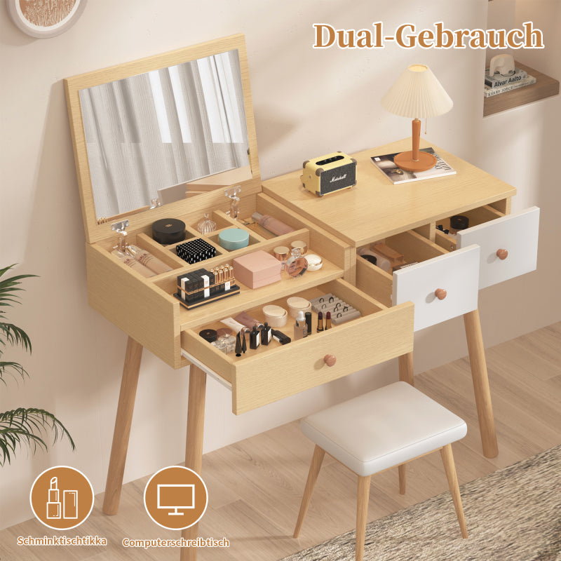 Schminktisch, Kosmetiktisch Mit Spiegel, Schminktisch aus Holz Mit Schubladen, geteilter Stauraum, große Lagerkapazität - Maße:B100/H78/T40 cm(ohne Hocker)(OLD SKU: WF319875AAW)