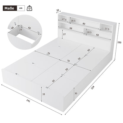 Stauraumbett 140*200cm, Doppelbett,Funktionsbett,Massivholzbett, mit USB-Anschluss, mit Aufbewahrungsbox unter dem Bett, mit Stauraum, ohne Matratze, weiß