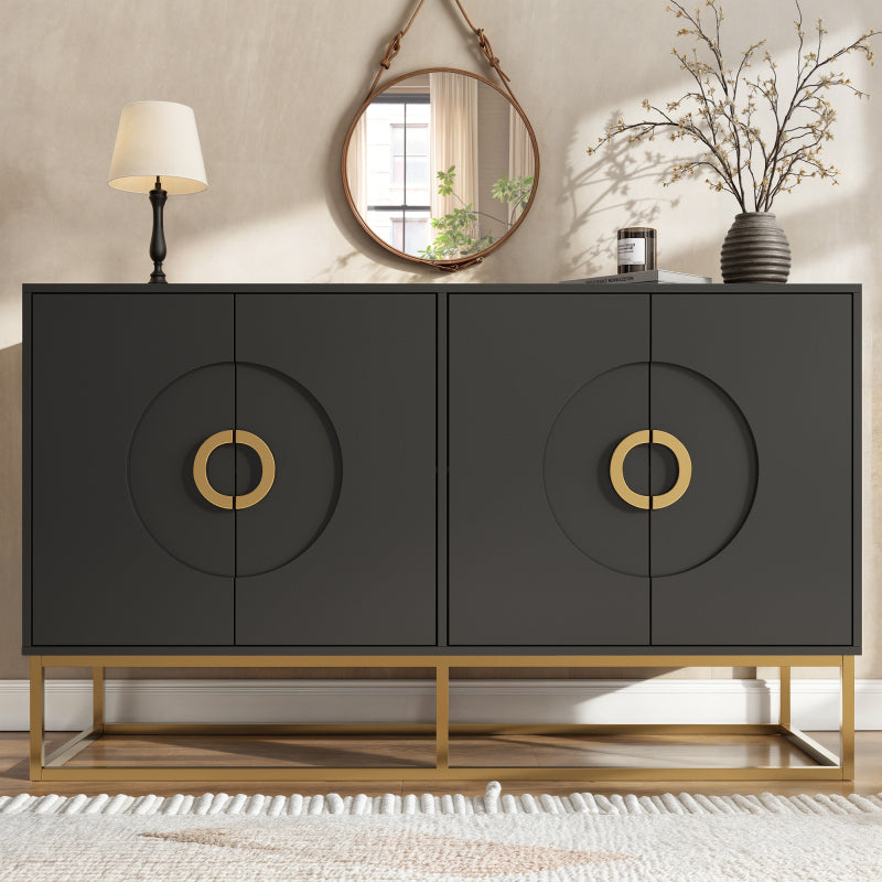 Esszimmerschrank (140×40×83cm), Esszimmer-Wohnzimmer-Aufbewahrungsschrank, einzigartiges Design, Schranktürdesign, freistehender Schrank, Minimalistisches Sideboard,Rundzugring Schranktür,Schwarz