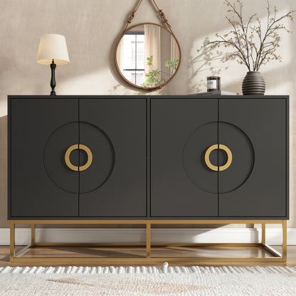 Esszimmerschrank (140×40×83cm), Esszimmer-Wohnzimmer-Aufbewahrungsschrank, einzigartiges Design, Schranktürdesign, freistehender Schrank, Minimalistisches Sideboard,Rundzugring Schranktür,Schwarz