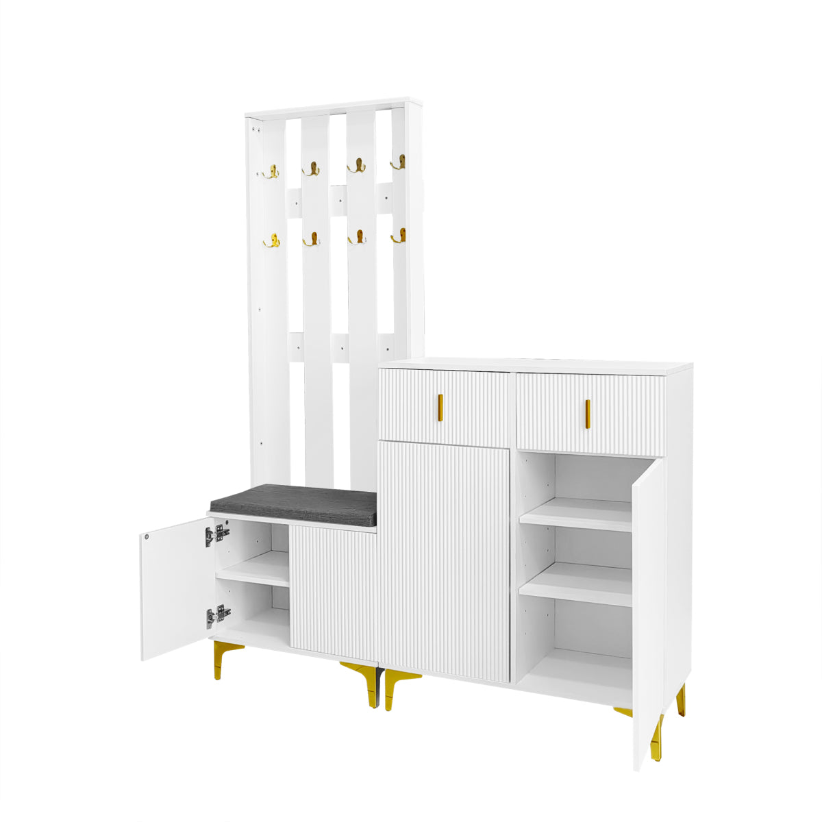 Garderoben-Set mit Schuhschrank & Sitzbank, Wellenfront, Push-to-Open, goldene Details, Weiß