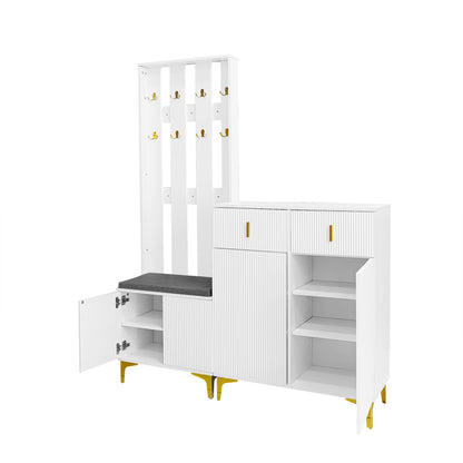 Garderoben-Set mit Schuhschrank & Sitzbank, Wellenfront, Push-to-Open, goldene Details, Weiß