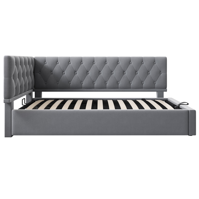 Polsterbett Tagesbett Daybett 90x200cm, Schlafsofa mit hydraulischem Stauraum, Kinderbett Jugendbett Bettgestell mit Lattenrost aus Holz, Samt, Grau, ohne Matratze.