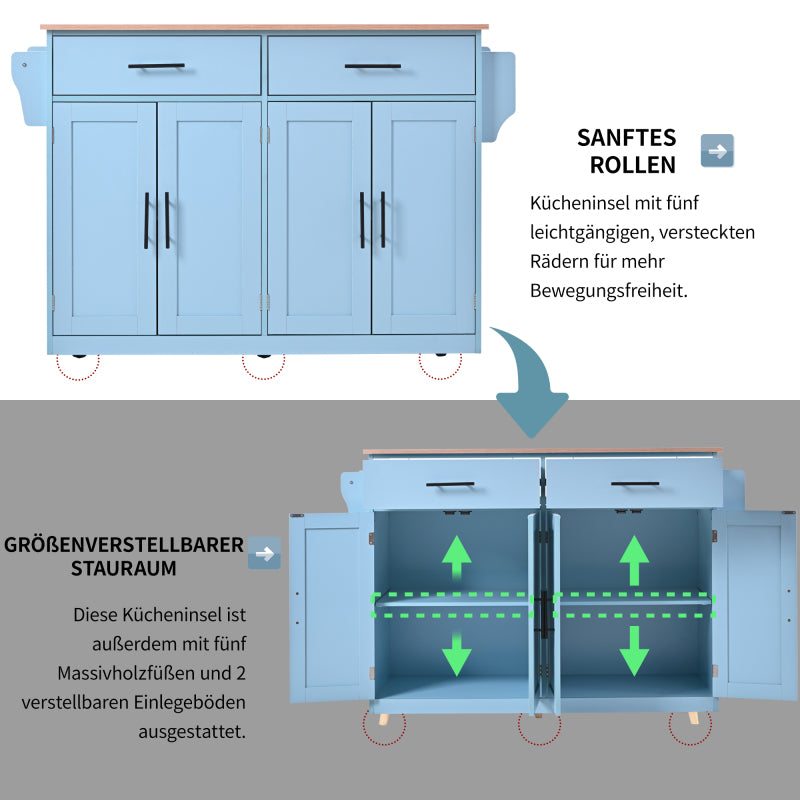 Servierwagen mit klappbarer Tischplatte, 120x46(70)x91 cm, Blau, mit Rollen und austauschbaren Holzbeinen, ideal für Küche und Esszimmer