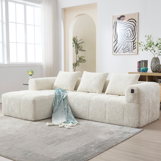 Modernes Sektionssofa, L-Sofa, 3-Sitzer-Sofa, keine Installation erforderlich, Chenille-Sofa mit Chaiselongue und Armlehnen, 3 Kissen, Seitentasche für Fernbedienung, Beige