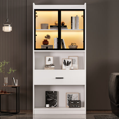Curio Vitrine mit Licht, 16 Farben Licht, Sammlerstücke Schrank Display Regal, Bücherregal Vitrine für Wohnzimmer, weiß