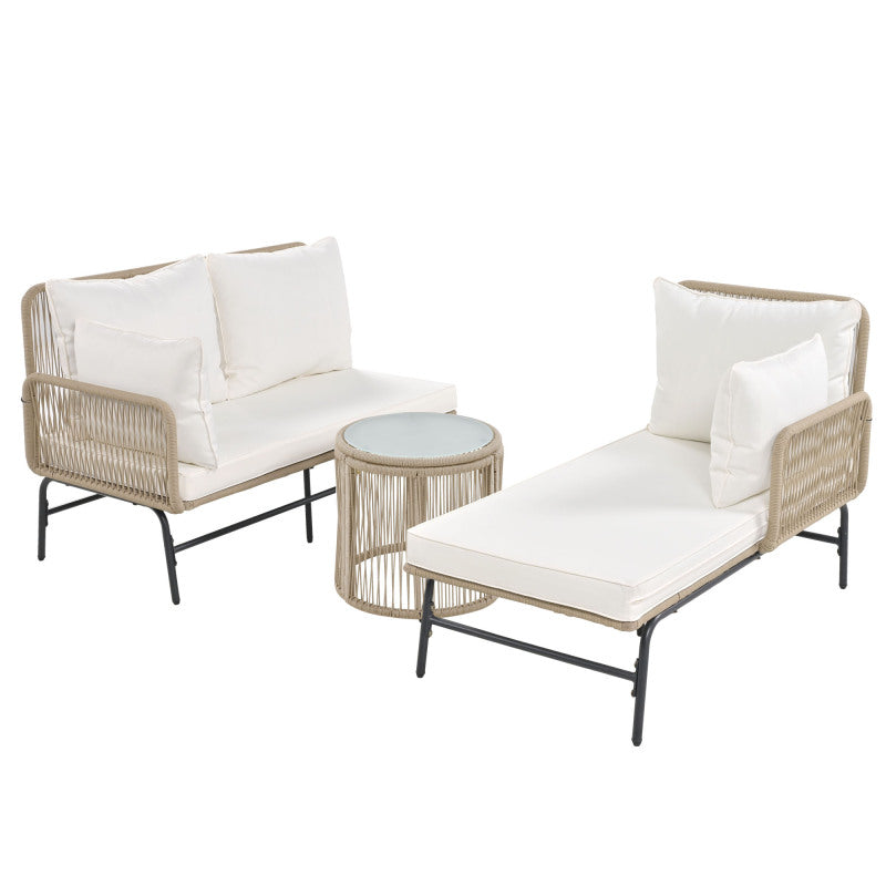 Gartenlounge-Set, Gartenmöbel-Set, Mit Eisenrahmen und beigem Seil, Gartenmöbel aus gewebtem Seil für den Außenbereich, Beige, Zwei Sessel, zwei 2-Sitzer-Sofas und zwei Tische (alle Kissen inklusive)