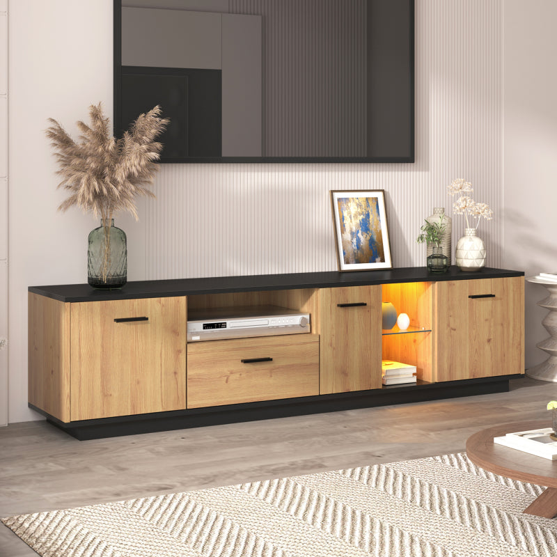 TV-Schrank mit einer Schublade, drei Türen, zwei offene Fächer mit Glas TV-Möbel, TV-Board, TV-Lowboard Feinstruktur. Schwarze und natürliche Holzfarben. 15 variable LED-Leuchten.