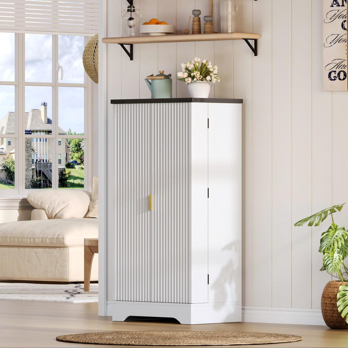 Hochschrank Weiß 120 cm, Buffetschrank mit LED-Sensorlicht, Anrichte mit Gerillten Türen & Türablagen, Goldgriffe