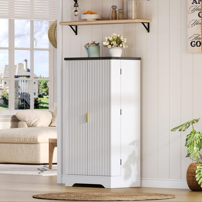 Hochschrank Weiß 120 cm, Buffetschrank mit LED-Sensorlicht, Anrichte mit Gerillten Türen & Türablagen, Goldgriffe