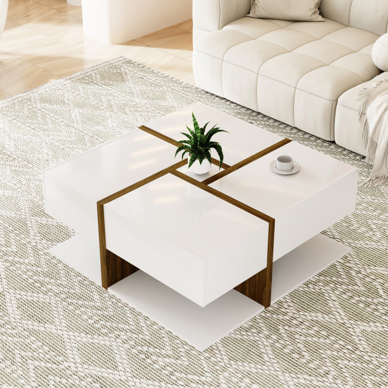 Hochglanz-Couchtisch, Tisch mit 4 Schubladen, einzigartige Farbabstimmung und Liniendesign, Stauraum unten. 78*78*34,8cm