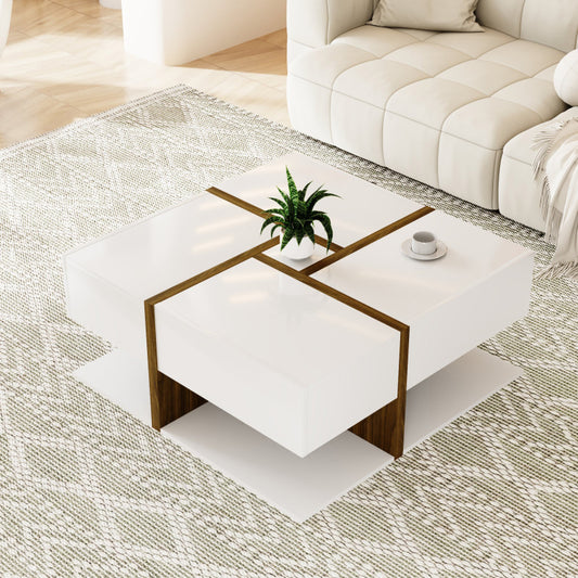 Hochglanz-Couchtisch, Tisch mit 4 Schubladen, einzigartige Farbabstimmung und Liniendesign, Stauraum unten. 78*78*34,8cm