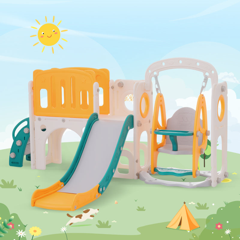 7-in-1-Rutsche für Kinder, bestehend aus Rutsche, Schaukel, Plattform, Unterschrank, Lochbohrspiel, Basketballkorb und Treppe - hochdichtes Polyethylen (Ozeanball nicht enthalten)