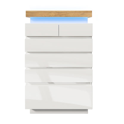 Kommode, Hochglanz Sideboard mit 6 Schubladen, LED Beleuchtung (App Control), Mehrzweckschrank für Wohnzimmer und Schlafzimmer, 115 x 73 x 39 cm, Weiß