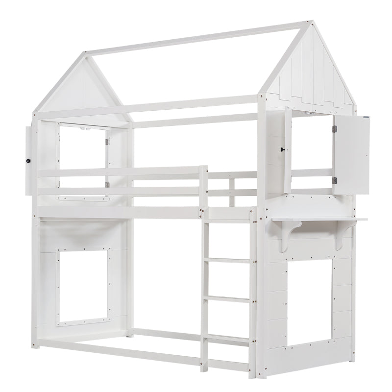 Etagenbett, Hausbett, Kinderbett mit Fallschutz und Gitter, mit Tisch, Offenes Regal, zwei Fenster, Reichlich Stauraum, Kiefer+MDF, Weiß, 90x200cm