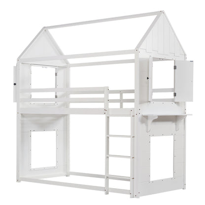 Etagenbett, Hausbett, Kinderbett mit Fallschutz und Gitter, mit Tisch, Offenes Regal, zwei Fenster, Reichlich Stauraum, Kiefer+MDF, Weiß, 90x200cm
