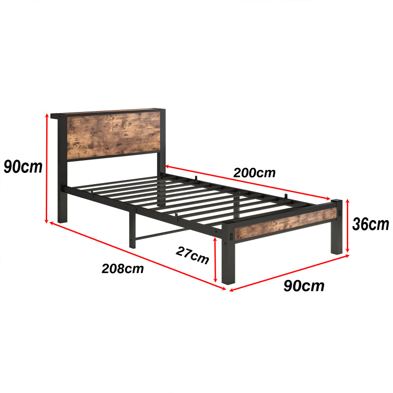 90x200 cm Metallgestell mit Stauraum-Kopfteil, Einzelnes Metall-Plattformbettgestell, Geräuschfrei, Metalluntergestell, Ohne Boxspring Notwendig, Vintage Braun