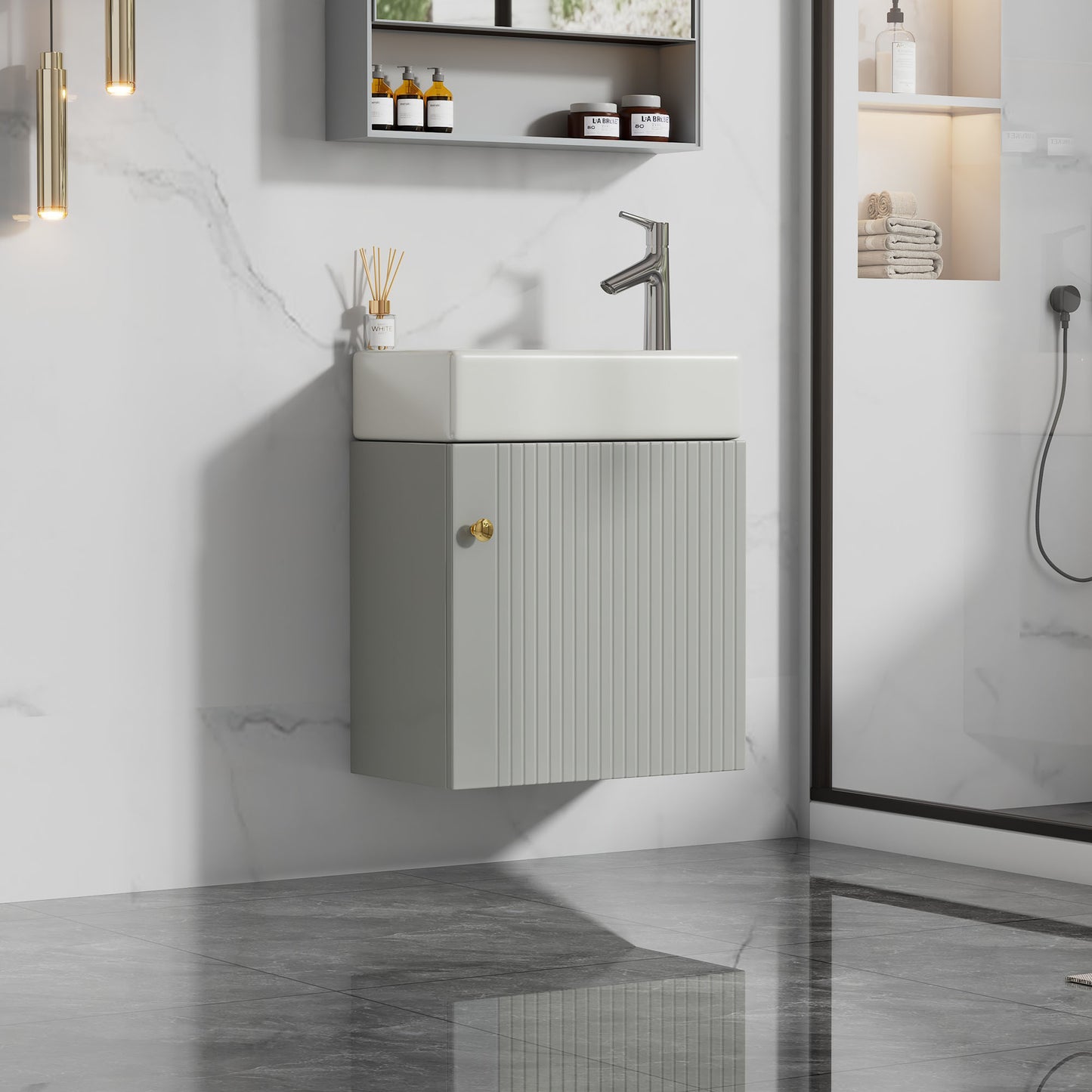 Badezimmermöbel Waschbecken mit Waschtischunterschrank 55 cm , Waschtischunterschrank hängend weiß , Kleine Gästebadmöbel