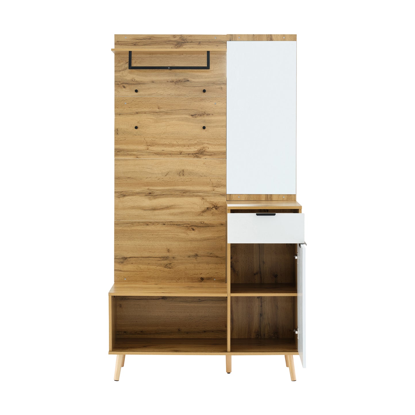Multifunktionales Garderobenset aus Holz mit Spiegel, Schuhbank, Schuhschrank, Schublade, Regal und Kleiderhaken – Modernes Design mit hydraulischen Scharnieren und praktischem Stauraum