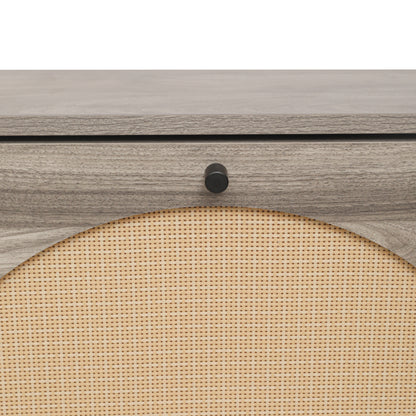 Schuhschrank mit zwei Türen, austauschbaren halbrunden Türfronten und Rattan-Oberfläche, geeignet für den Eingangsbereich und andere Szenen, Retro-grauer