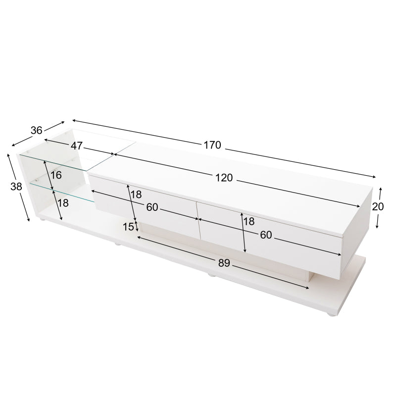 TV-Schränke, niedrige Paneele, hochglänzende weiße Glastrennwände und variable LED-Beleuchtung. Es verbindet natürlichen, rustikalen Stil mit modernem Design.