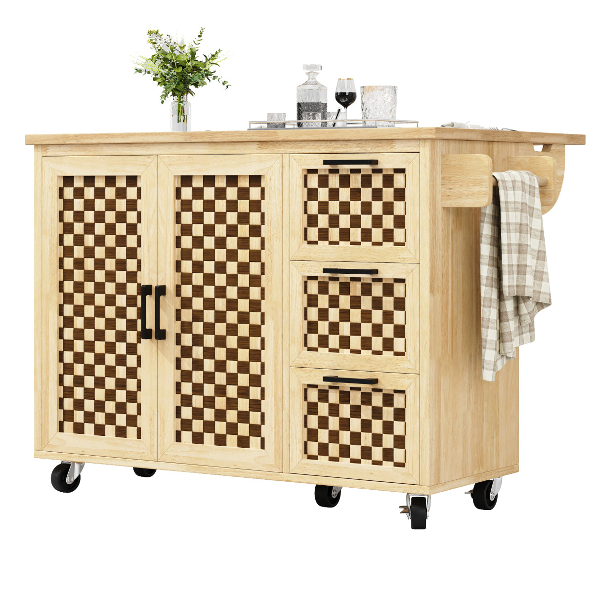 Kücheninsel 120x75cm klappbar Servicewagen mit Rollen, Buffetschrank Natur Holzoptik, Schachbrettmuster, 3 Schubladen & Handtuchhalter
