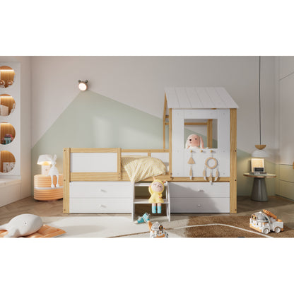 Kinderbett, halbhohes Bett, Hausbett mit Dach und Fenster, Vierseitiger Zaun, mit 4 Schubladen und kleine Treppe, Kiefer+MDF+Sperrholz, Weiß+Natur, 90x200cm