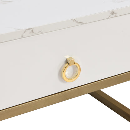 Stapelbarer Couchtisch: hochglänzende Marmoroptik und Teebraun Glasplatte, goldene Akzente, Beistelltisch mit Schubladen.  zweiteiliges Set