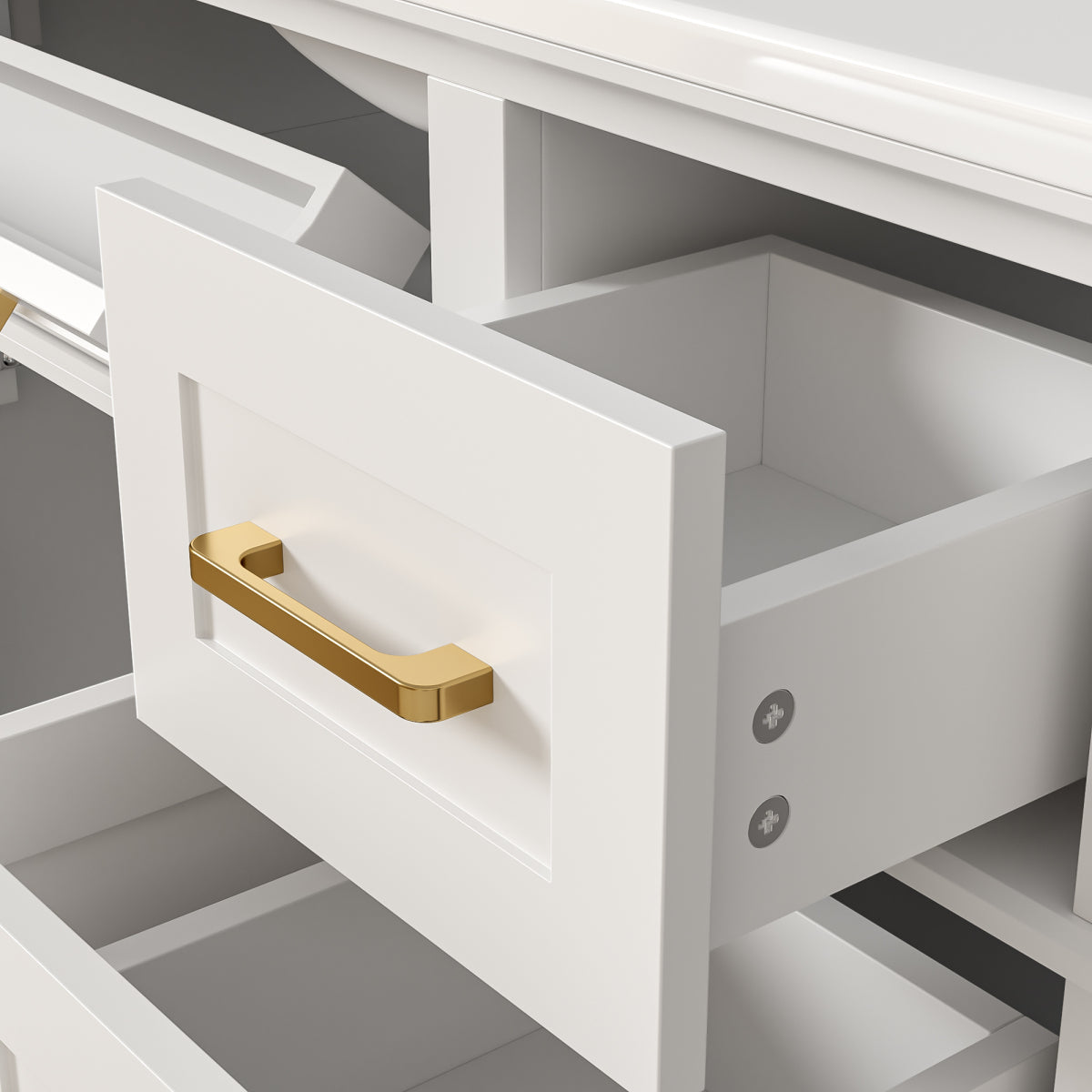 Badezimmer-Unterschrank 90×46×87 cm, weiß lackiert, Keramikwaschbecken, leise Schubladendämpfung, Massivholzbeine, viel Stauraum, goldene Griffe