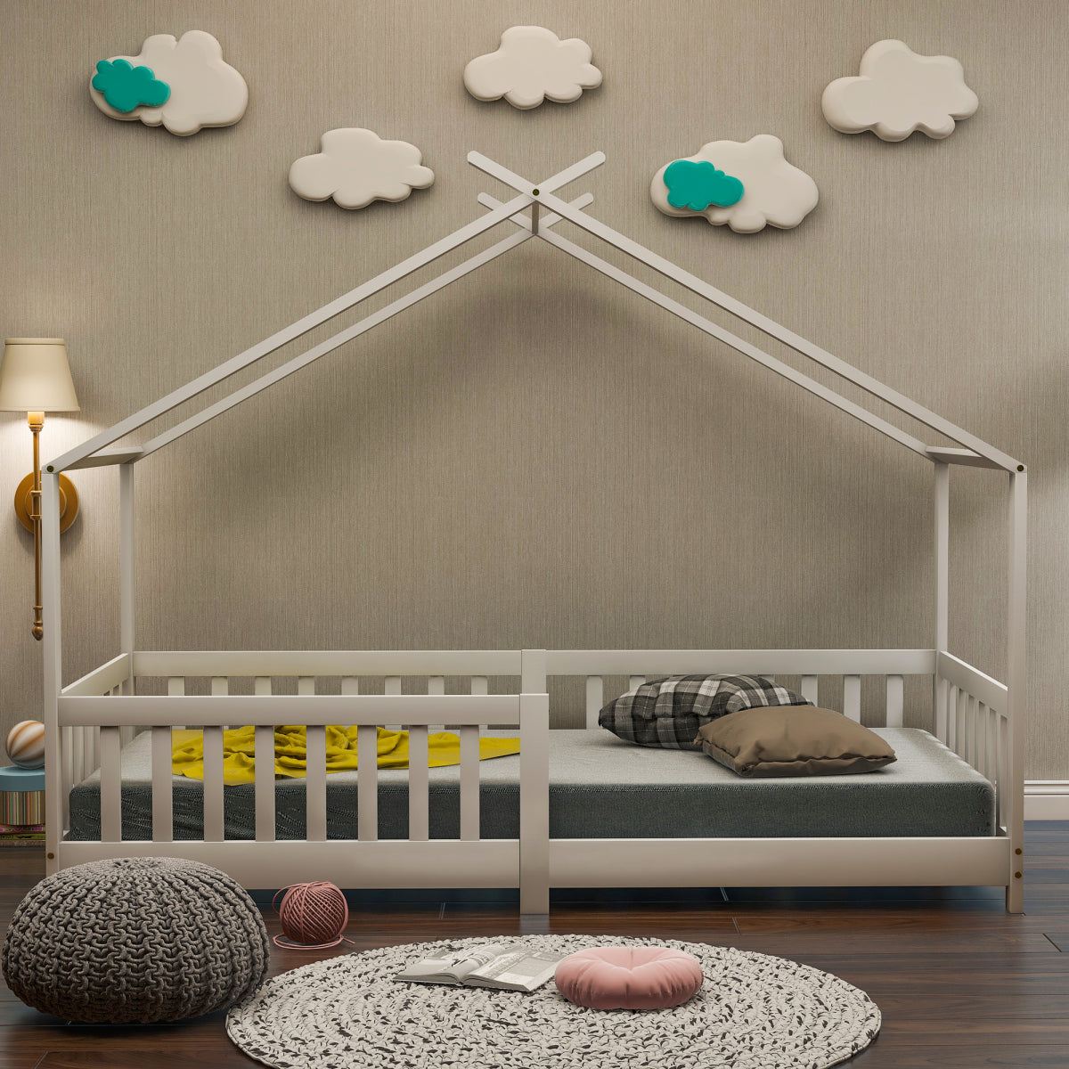Hausbett 90x200 Weiß, Kinderbett mit Rausfallschutz & Lattenrost, Abenteuerbett Kiefer Massivholz