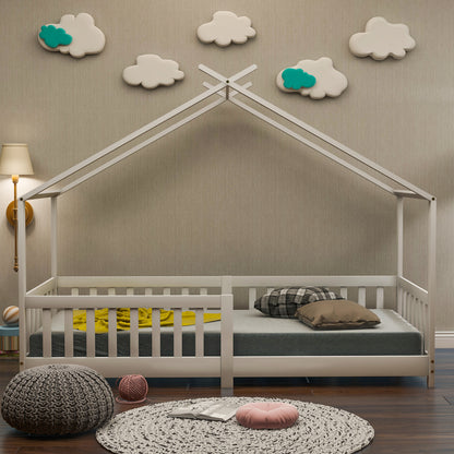 Hausbett 90x200 Weiß, Kinderbett mit Rausfallschutz & Lattenrost, Abenteuerbett Kiefer Massivholz