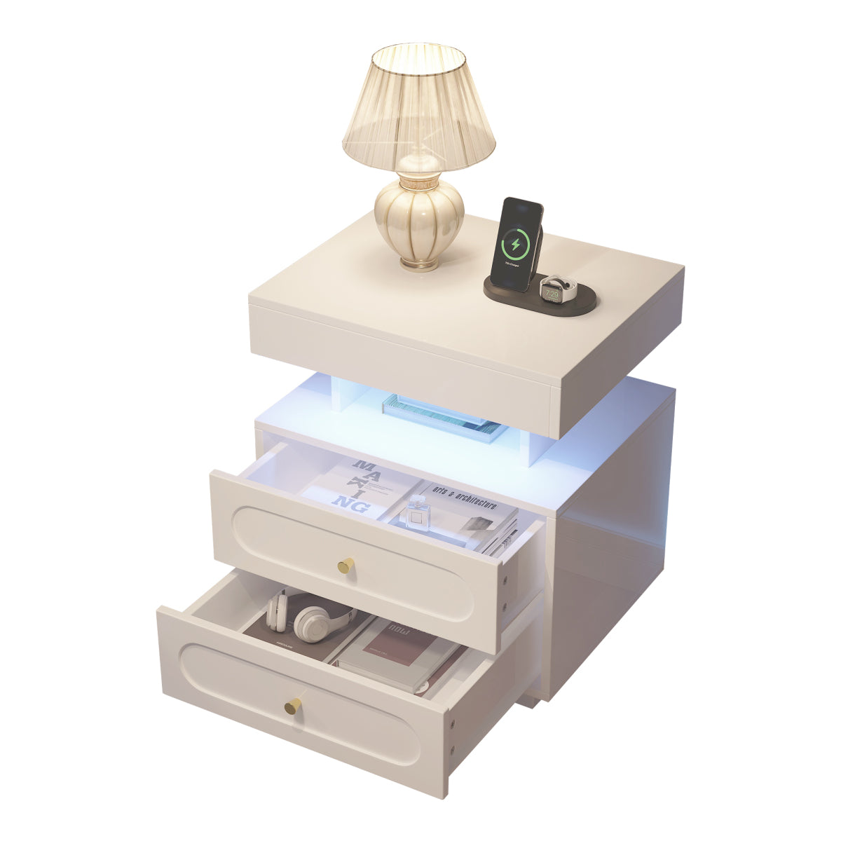Nachttisch mit LED-Beleuchtung, Nachtkommode mit 2 Schubladen & offenem Fach, weißer Nachtschrank aus Spanplatte, B50×T40×H60 cm