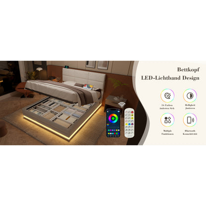 90x200 cm Modernes Velours-Polsterbett mit höhenverstellbarem Kopfteil - Inkl. USB/Type-C-Anschlüssen, LED-Ambientebeleuchtung, hydraulischem Lift-System & XXL-Stauraum (ohne Matratze) - Beige