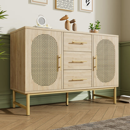 Rattan kommode mit 3-Schubladen und 2-Rattan-Türer,kommode schrank, Schminktisch, für Schlafzimmer und Wohnzimmer, Verstellbare Regale, Kippschutz, 120 x 40 x 74 cm, Sonoma Eiche