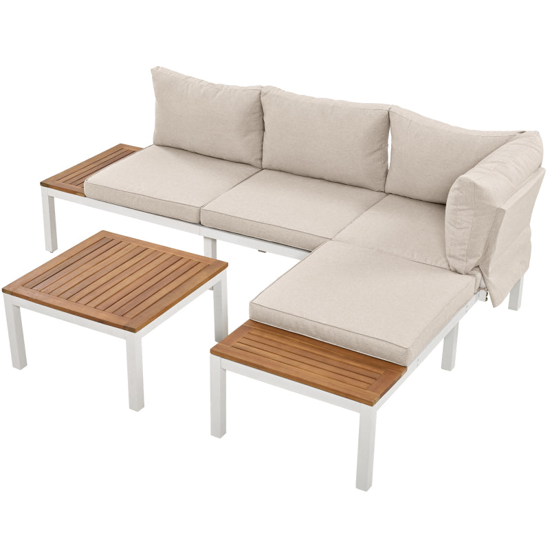 Garten-Loungesessel-Set, Gestell aus verzinktem Stahl, (2x Zweisitzer, 2x Beistelltische, 1x Tisch), Akazienholzplatte, Stoffbezug zur Bespannung der Rückenlehne, beige(previous sku:HW00005AAW)