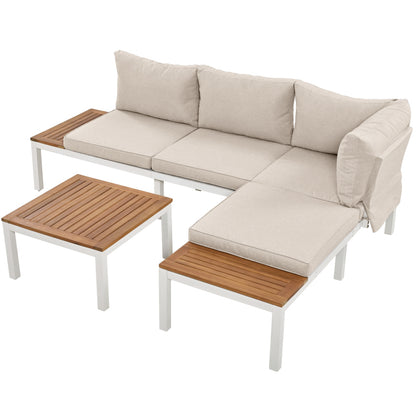 Garten-Loungesessel-Set, Gestell aus verzinktem Stahl, (2x Zweisitzer, 2x Beistelltische, 1x Tisch), Akazienholzplatte, Stoffbezug zur Bespannung der Rückenlehne, beige(previous sku:HW00005AAW)