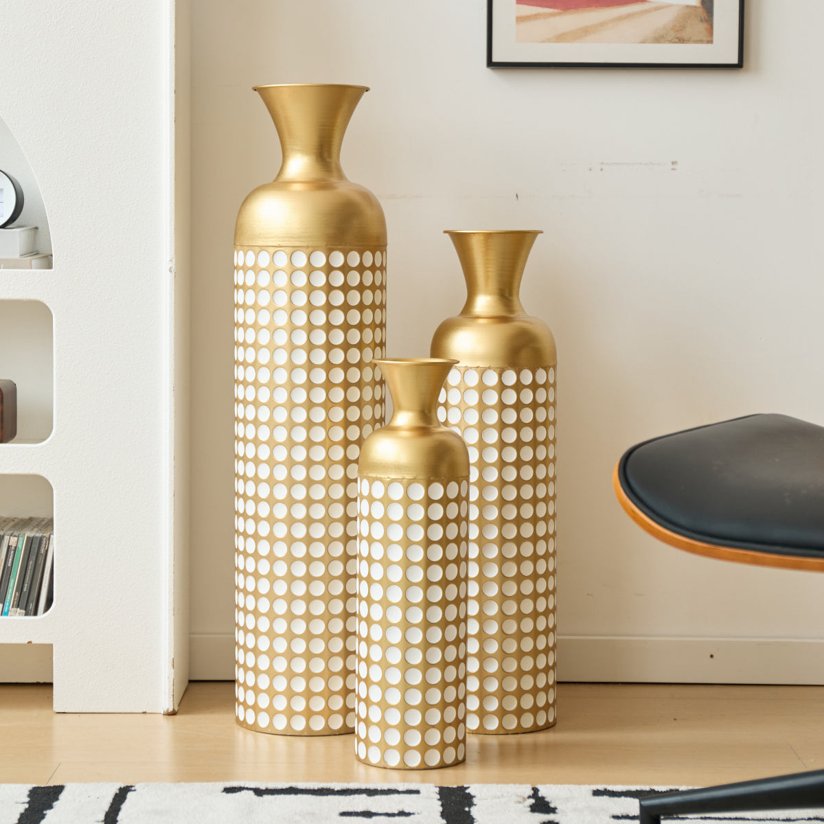 Bodenvase 3er Set Gold, Metallvase Punkte, Vintage Dekovase 83 cm, Übertöpfe groß, Standvase Gold