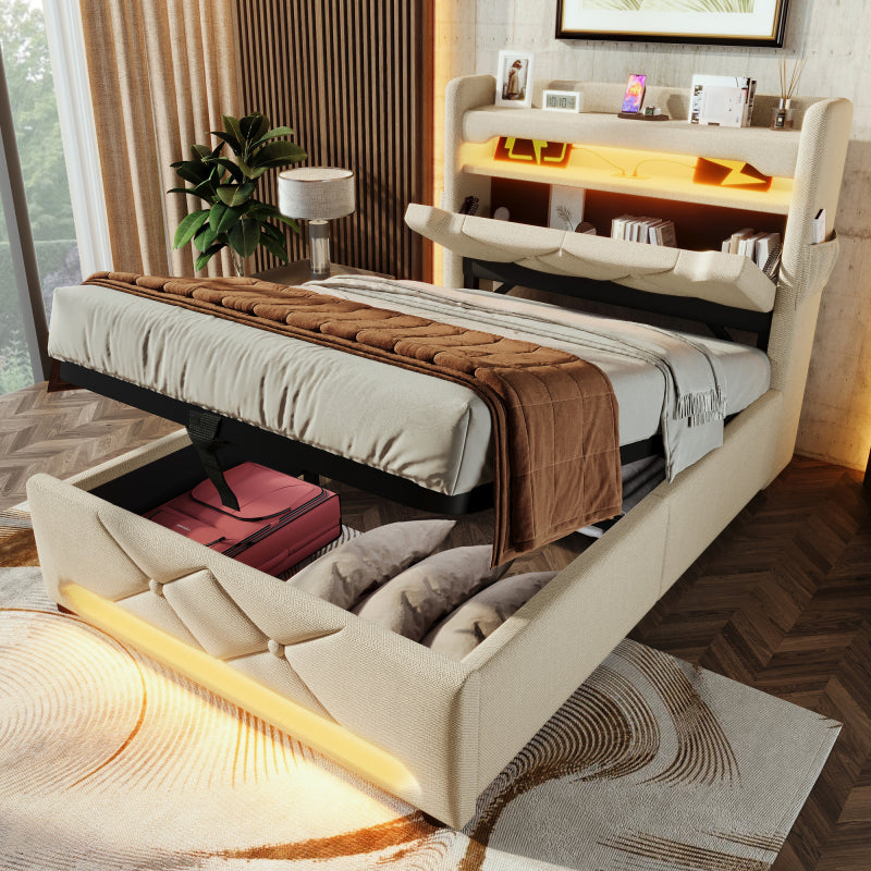 Polsterbett Einzelbett 90*200, Stauraum Kopfteil mit USB und Typ C-Port ,360-Surround-LED-Funktion rund um Kopf- und Fußende des, Betten mit Hydraulisch Stauraum, Beige , Leinen(Ohne Matratze)