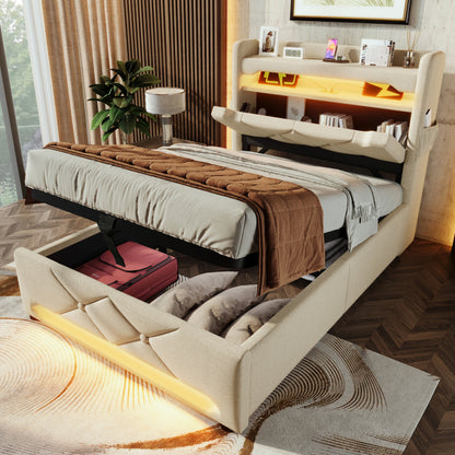 Polsterbett Einzelbett 90*200, Stauraum Kopfteil mit USB und Typ C-Port ,360-Surround-LED-Funktion rund um Kopf- und Fußende des, Betten mit Hydraulisch Stauraum, Beige , Leinen(Ohne Matratze)
