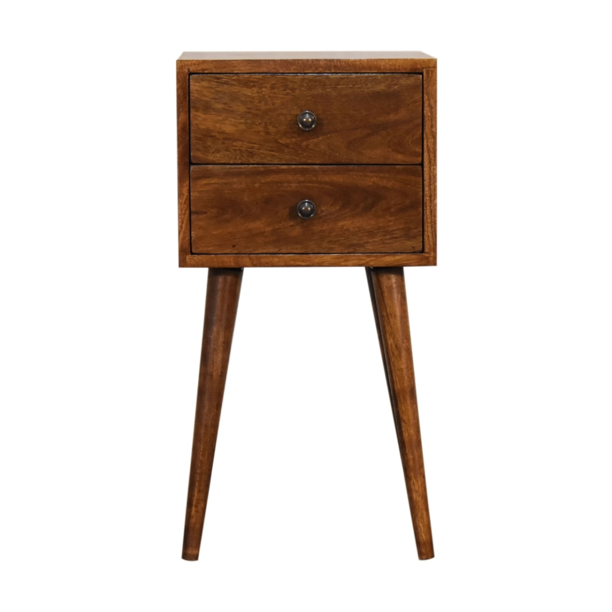 Mini-Nachttisch aus massivem Mangoholz – Kastanienbraun, 2 Schubladen, Handgefertigt, Skandinavisches Design, 30x30x57 cm