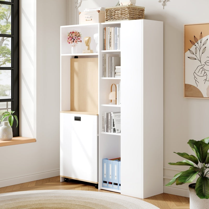 Klappbarer Schreibtisch mit Ablagen –2-in-1-Bücherregal und Schreibtisch, klappbar, mit Steckdose und USB-Anschluss, Kippschutz, weiß
