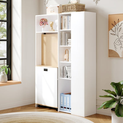 Klappbarer Schreibtisch mit Ablagen –2-in-1-Bücherregal und Schreibtisch, klappbar, mit Steckdose und USB-Anschluss, Kippschutz, weiß