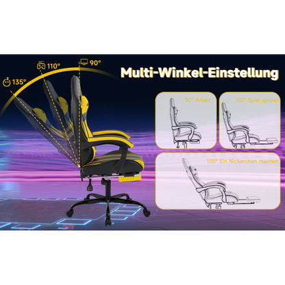 Gaming Stuhl Computerstuhl Ergonomischer Gaming Chair mit Fußstütze Bürostuhl Ergonomischer Computerstuhl mit Lendenwirbelstütze Blackyellow