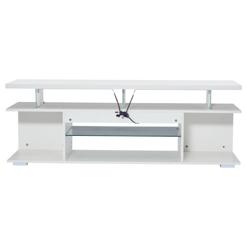 Moderner Low-Panel-Hochglanz-TV-Ständer mit LED-Beleuchtung, TV-Panel, TV-Glasschrank für 60-Zoll-Fernseher, Tische, universelle Gaming-Medienständer, Stauschränke und große Stauräume, Reinweiß