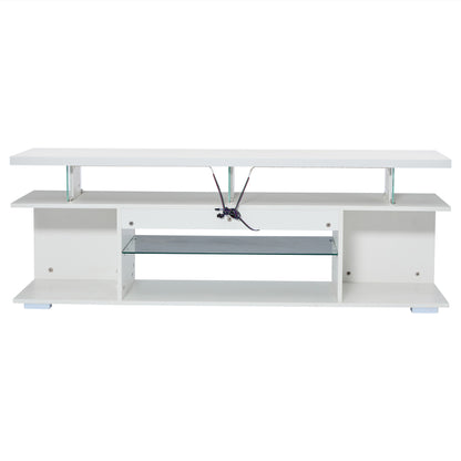 Moderner Low-Panel-Hochglanz-TV-Ständer mit LED-Beleuchtung, TV-Panel, TV-Glasschrank für 60-Zoll-Fernseher, Tische, universelle Gaming-Medienständer, Stauschränke und große Stauräume, Reinweiß