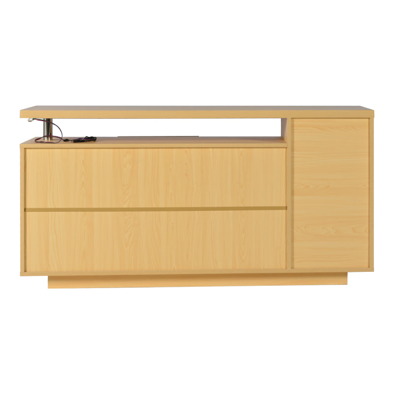 Multifunktionales Sideboard, Länge 140 cm, weiß und Holzimitat - 2 Türen, 3 Schubladen, 2 offene Fächer, mit LED-Beleuchtung