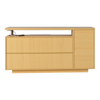 Multifunktionales Sideboard, Länge 140 cm, weiß und Holzimitat - 2 Türen, 3 Schubladen, 2 offene Fächer, mit LED-Beleuchtung